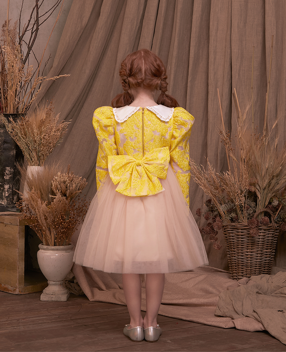 Baby Yellow and Peach Tuelle Long Sleeve Dress