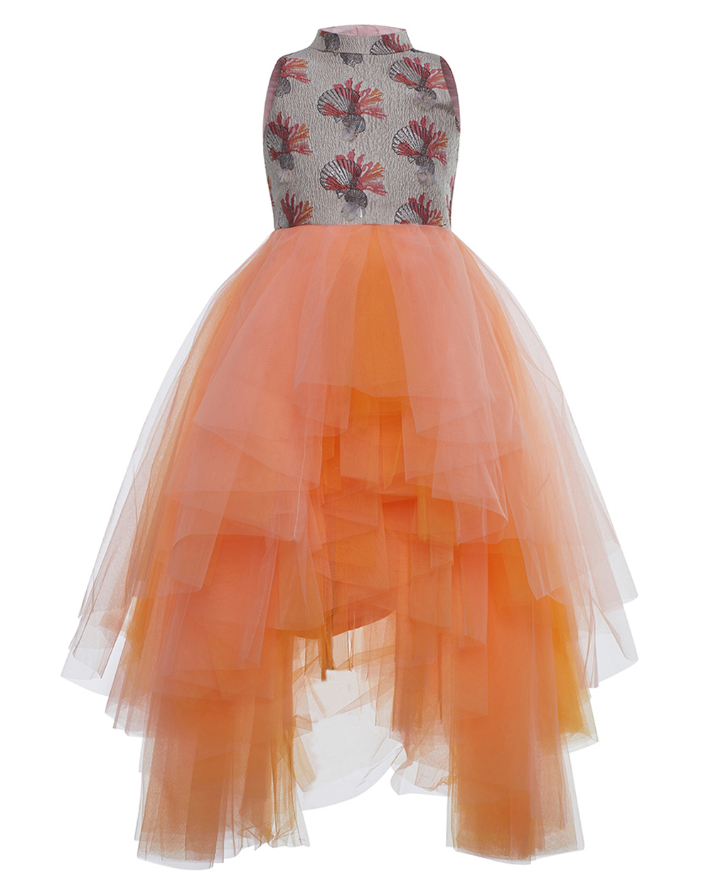 Orange Shell Layered Tulle Dress Sleeveless Long Skirt
