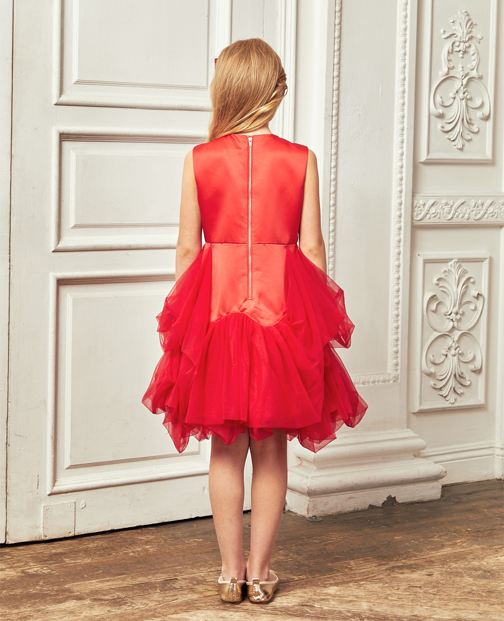 Red Silk and Frilled Skirt Tuelle Dress