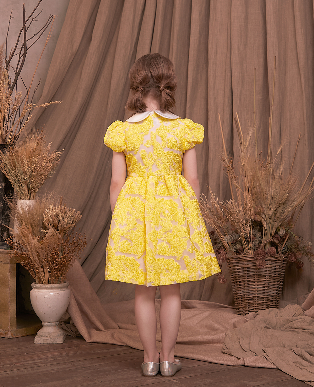 Baby Yellow Capped Sleeve Brocade Dress