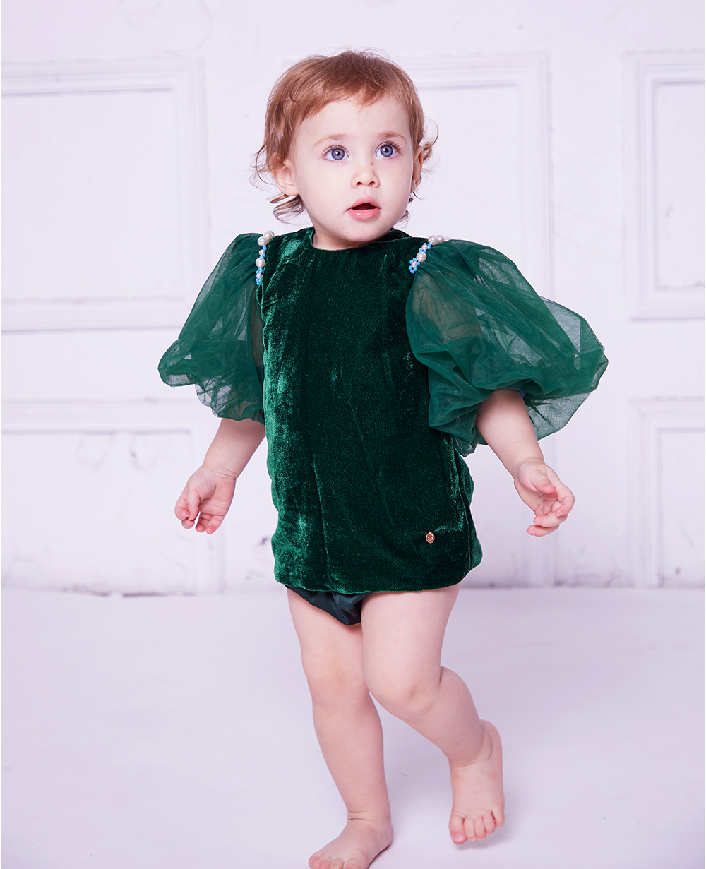 Emerald Green Tuelle and Velvet Baby Dress