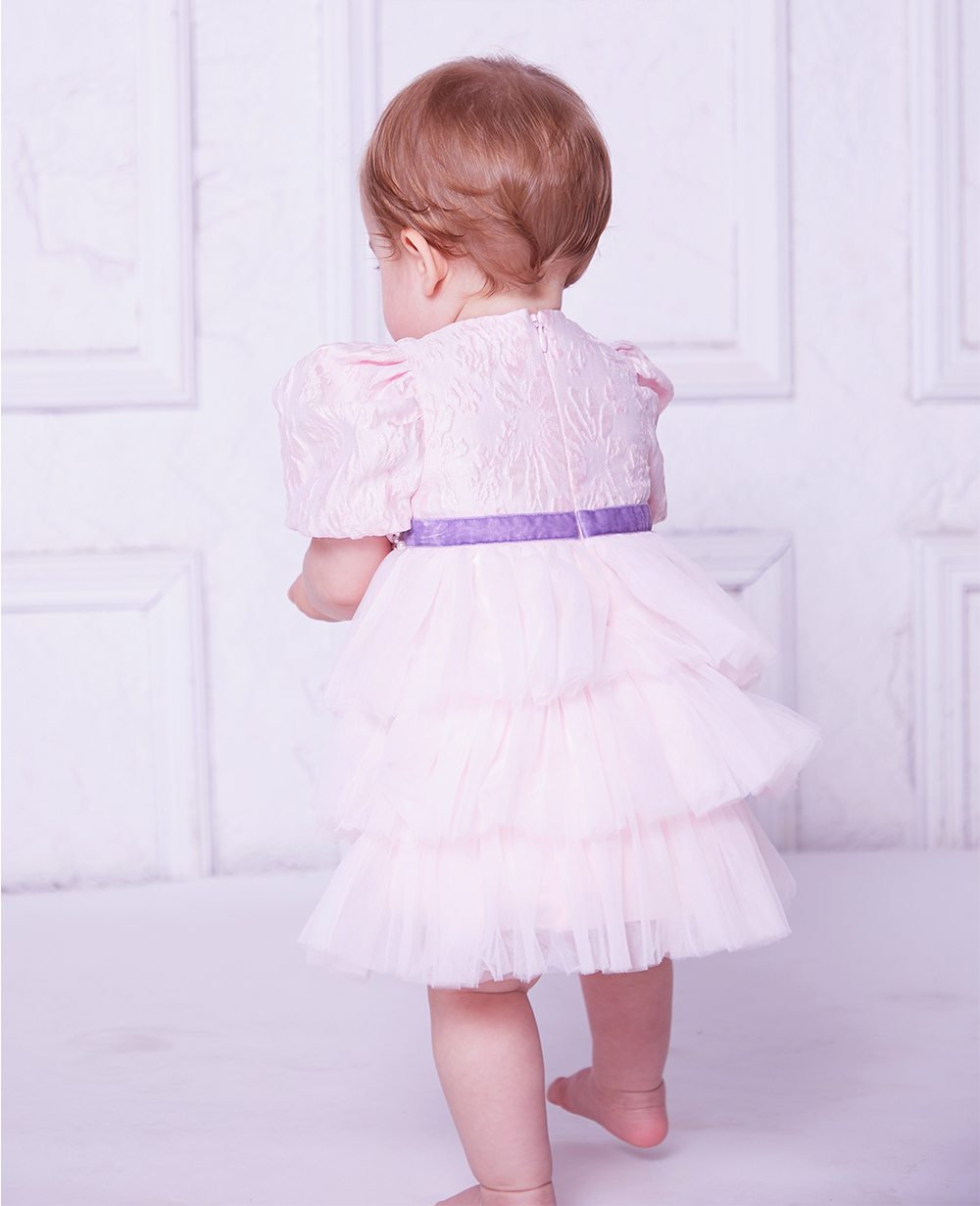Baby Pink Brocade and Tuelle Long Baby Dress