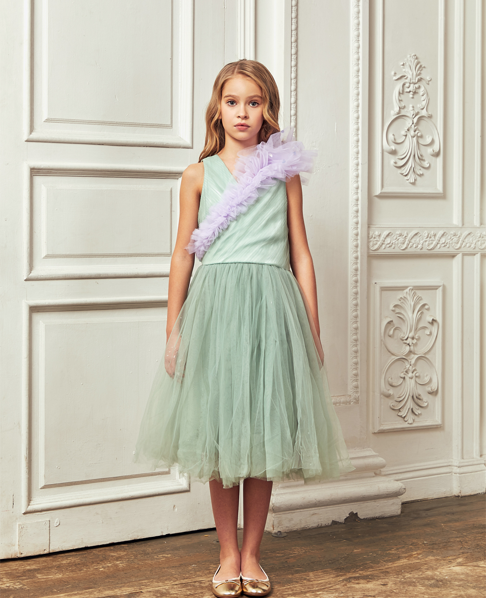 Emerald Green with Lilac Sash Tuelle Dress
