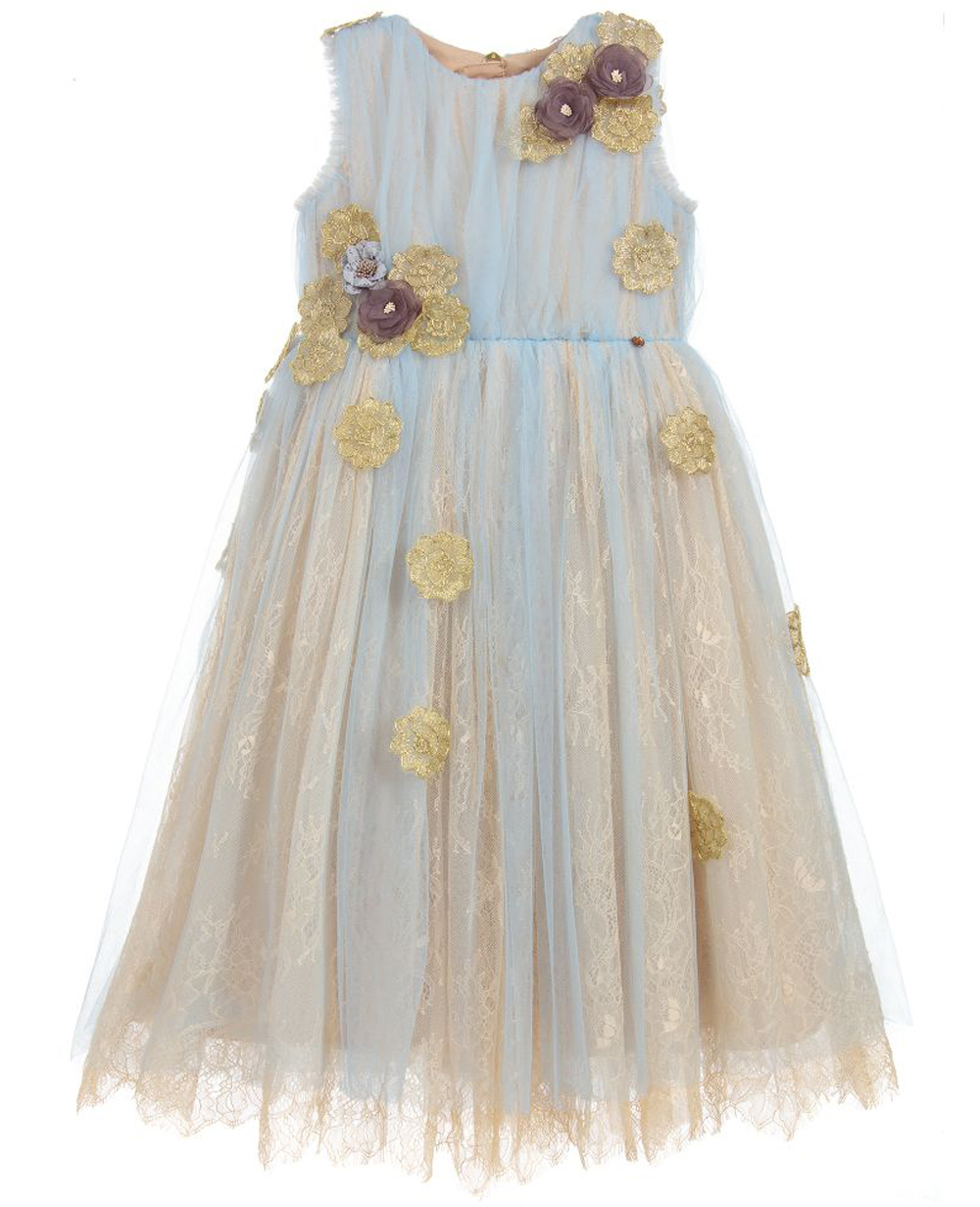 Misty Blue Lace Sleeveless Floral Dress Elegant Wedding Dress 