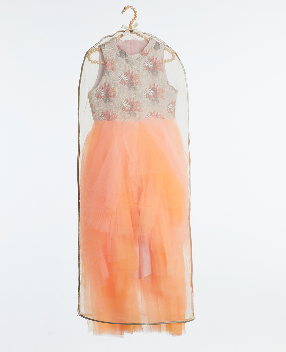 Orange Shell Layered Tulle Dress Sleeveless Long Skirt