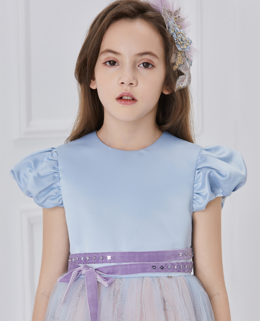 Blue and lilac capped sleeve tuelle dress