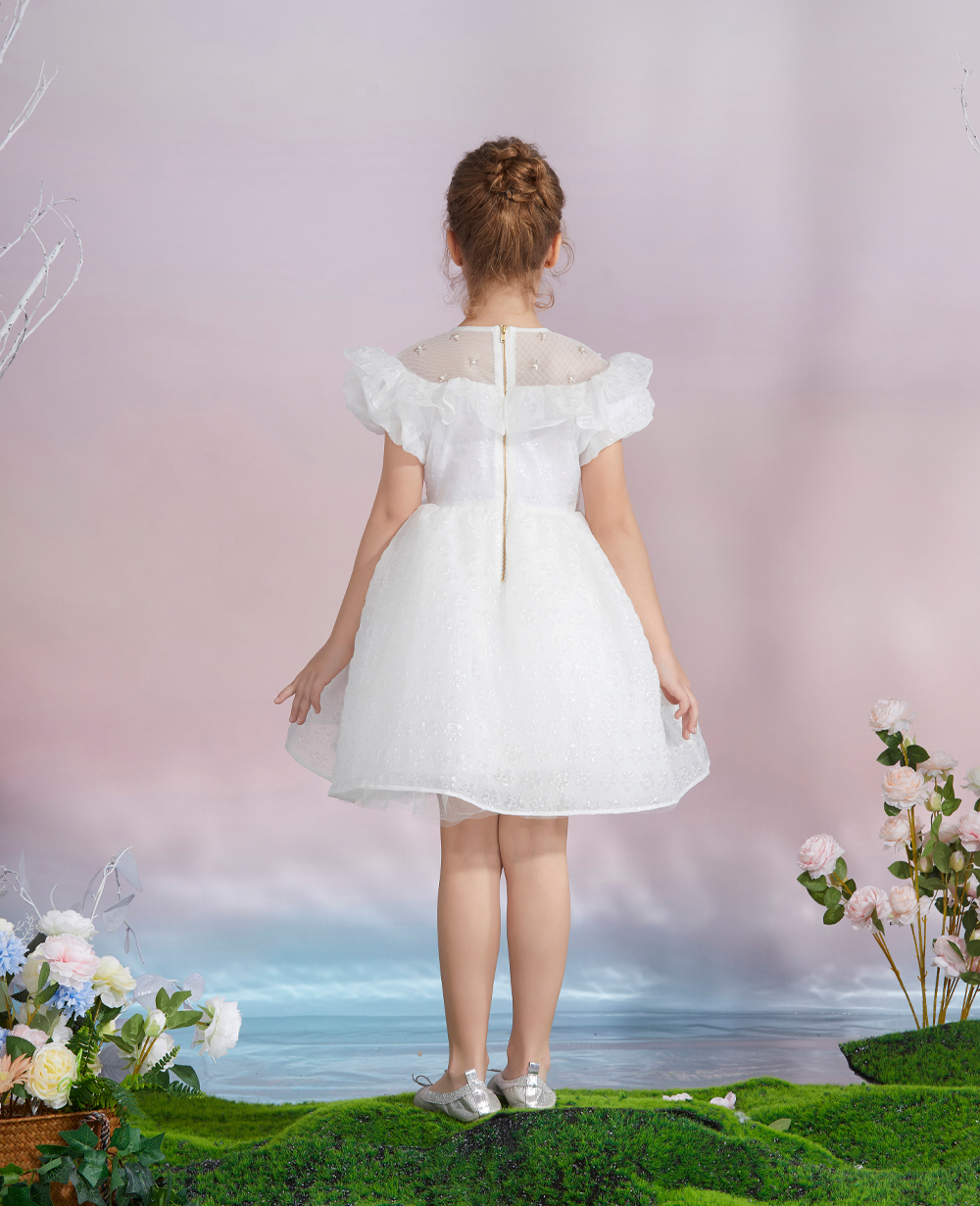 White Brocade Short Sleeve Dress