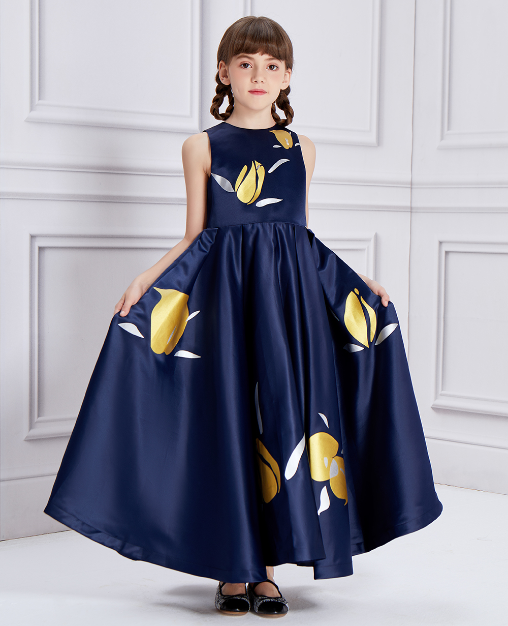 Midnight Blue Floral Print Princess Dress