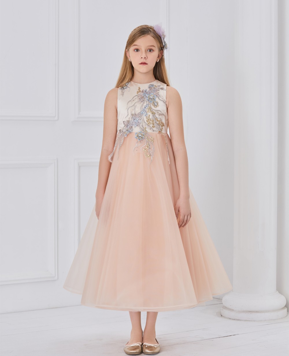 Peach Sleeveless Long Tulle Party Gown