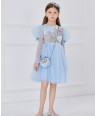 Blue capped sleeves tuelle dress