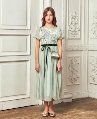 Mint Floral Embroidery Tuelle Dress
