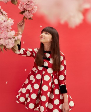 Red & White Polka Dot Brocade Long Sleeve Dress