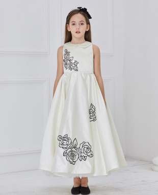 White Satin Floral Long Dress