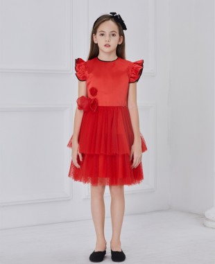 Red Capped Tuelle Dress