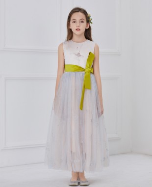 Pale blue with green sash tuelle dress