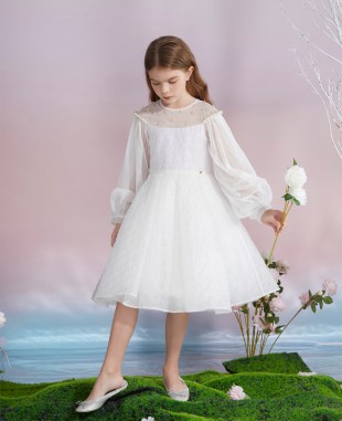 Angel White Long Sleeve Brocade Dress