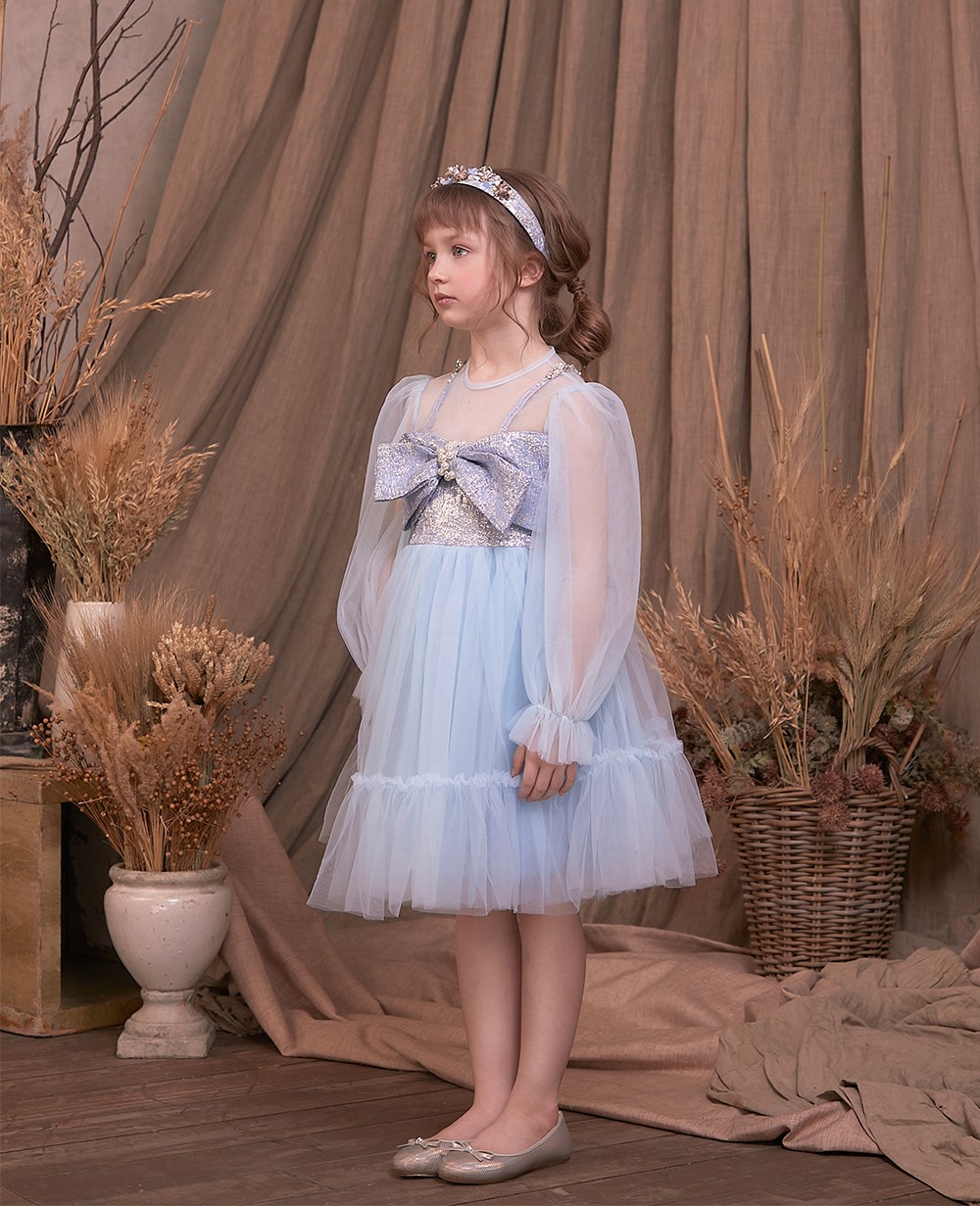 Handmade Blue Wrinkled Bow Embroideried Tulle Baby Girls Dresses Summer