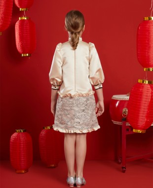 Peach Chinese Collar Long Sleeve Satin Dress