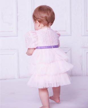 Baby Pink Brocade and Tuelle Long Baby Dress
