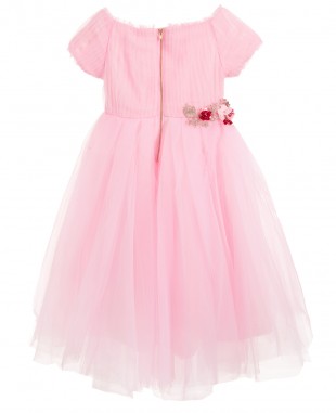 Pink Tulle Dress with Flower Embrodiery Short Sleeves Elegant Wedding Dress 