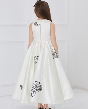 White Satin Floral Long Dress