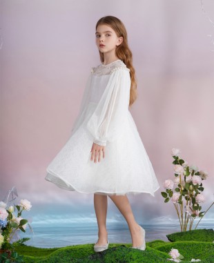 Angel White Long Sleeve Brocade Dress