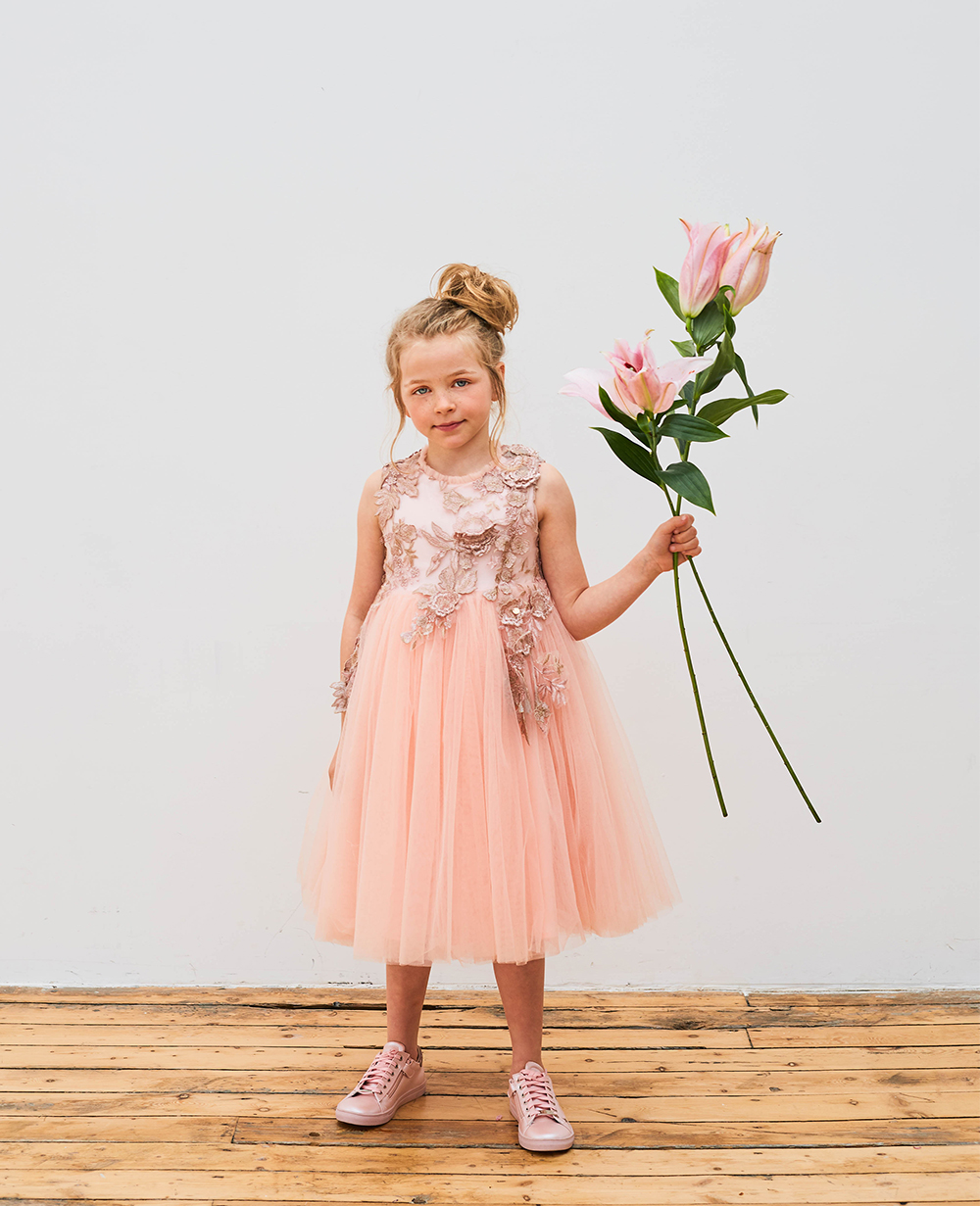 Champagne Dress with Flower Embrodiery Formal Wear Floral Dress Flowergirl